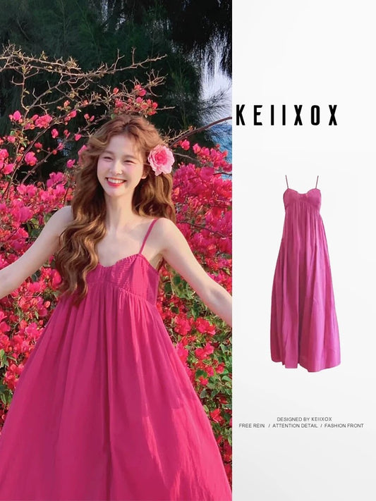 French dopamine sweet rose red backless dress female summer temperament white beach vacation suspender long dress