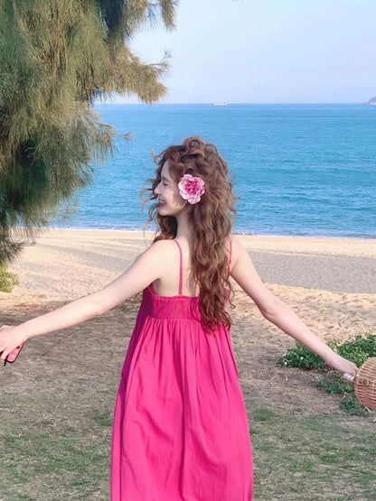 French dopamine sweet rose red backless dress female summer temperament white beach vacation suspender long dress
