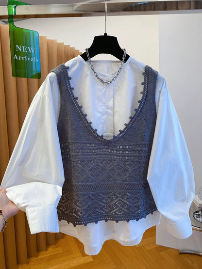 Korean style layered knitted vest shirt two-piece suit stylish age-reducing top 2025 new autumn loose super good-looking