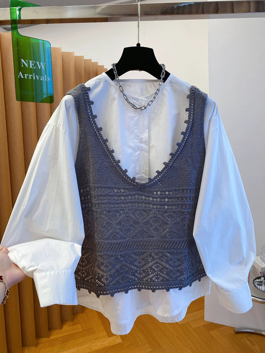 Korean style layered knitted vest shirt two-piece suit stylish age-reducing top 2025 new autumn loose super good-looking