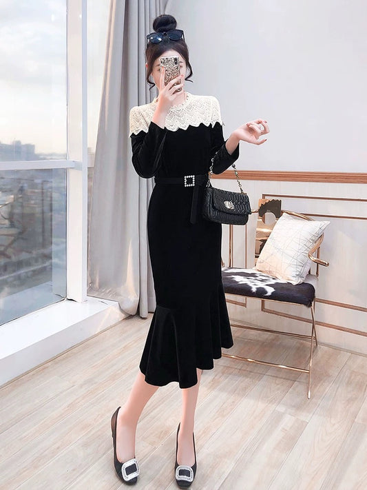 Fishtail skirt hip-covering skirt one-step skirt 2024 autumn new women's mid-length French velvet black dress