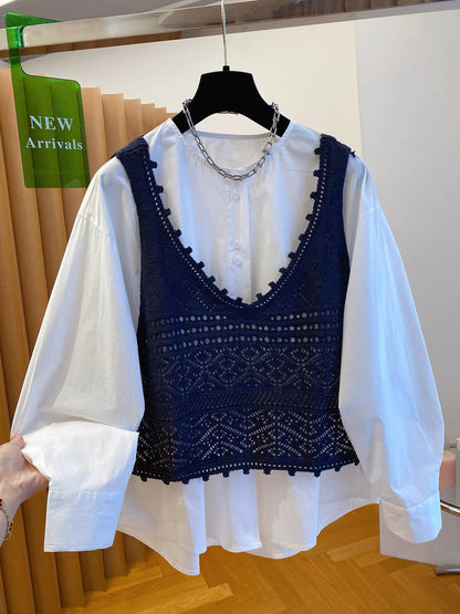 Korean style layered knitted vest shirt two-piece suit stylish age-reducing top 2025 new autumn loose super good-looking