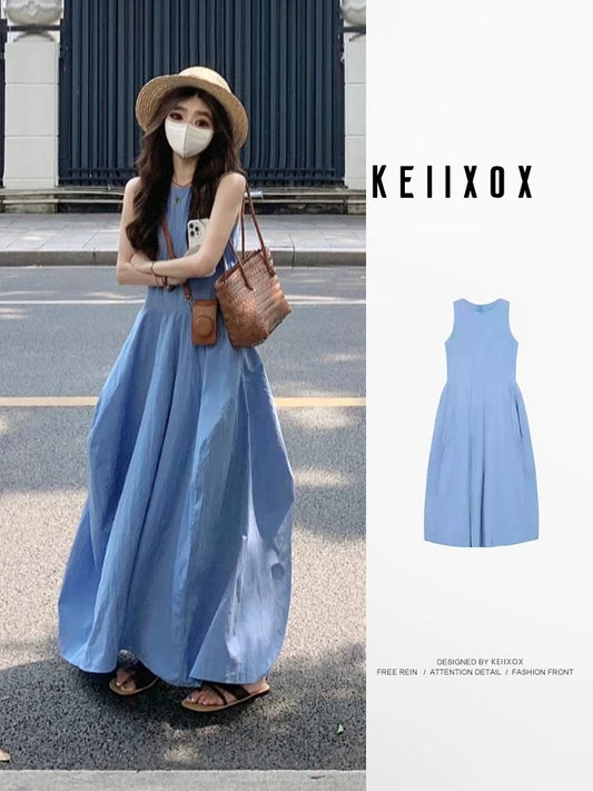Blue sleeveless vest dress for women summer 2025 new French style small temperament seaside holiday long dress