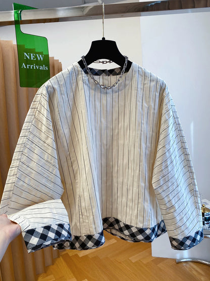 High-grade textured round-neck striped shirt women's long-sleeved 2025 new autumn loose casual simple pullover top