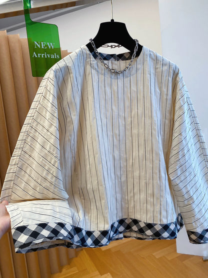 High-grade textured round-neck striped shirt women's long-sleeved 2025 new autumn loose casual simple pullover top