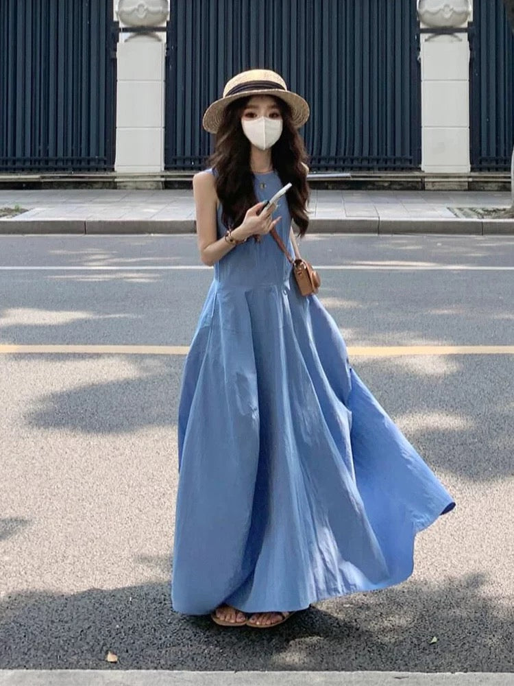 Blue sleeveless vest dress for women summer 2025 new French style small temperament seaside holiday long dress