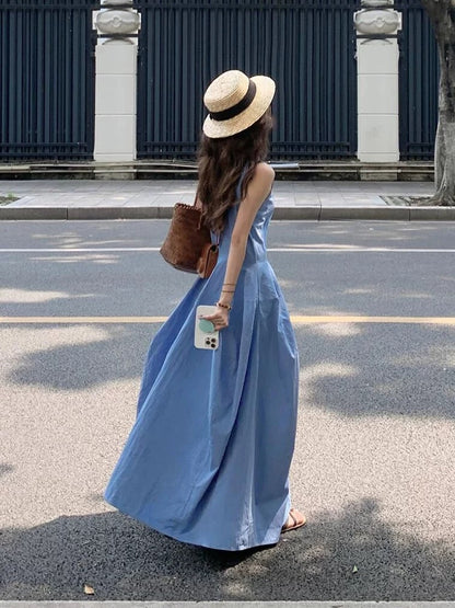 Blue sleeveless vest dress for women summer 2025 new French style small temperament seaside holiday long dress