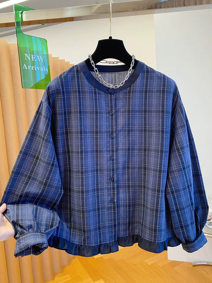 Korean blue plaid shirt women 2025 new autumn loose casual round neck wood ear super good-looking top