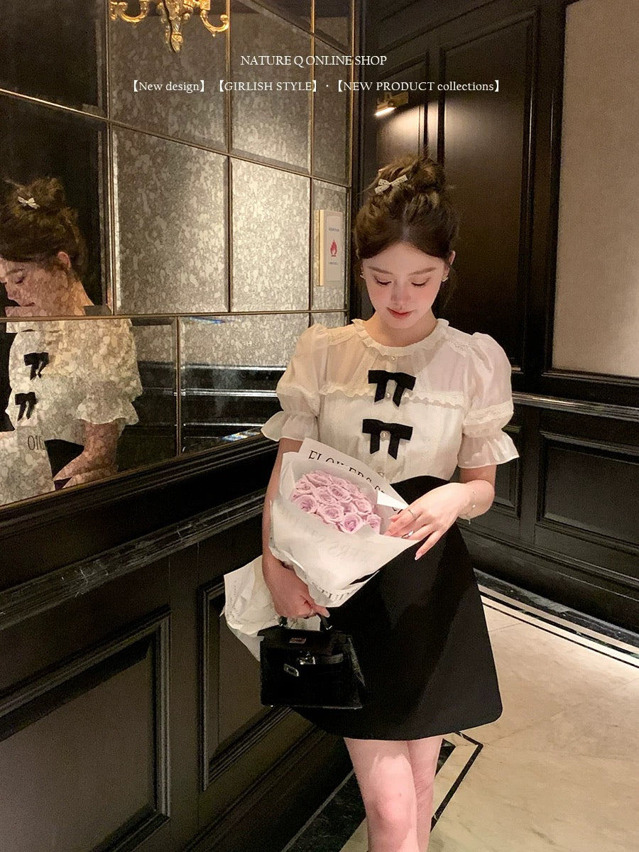 Yang Xiaojuan French style daughter-in-law black and white splicing dress high waist slim princess dress short skirt\detachable bow