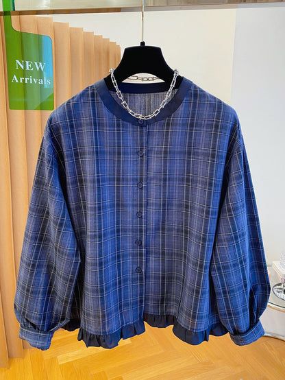 Korean blue plaid shirt women 2025 new autumn loose casual round neck wood ear super good-looking top