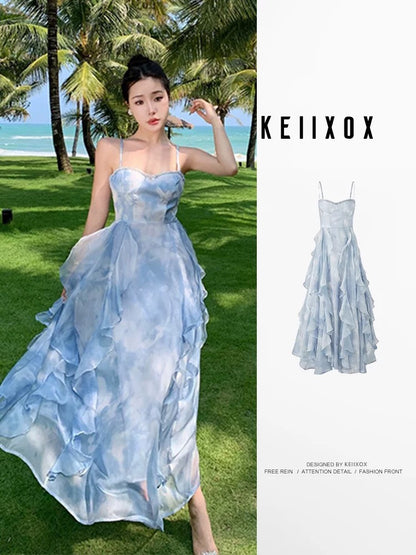Seaside holiday leisure style temperament dress summer 2025 new style with diamond gentle high-end waist long skirt