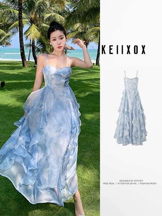Seaside holiday leisure style temperament dress summer 2025 new style with diamond gentle high-end waist long skirt