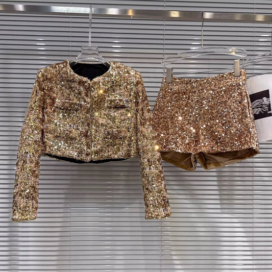 Popular online style, 2026 Spring New Arrival, Light Luxury Elegant Gold Sequin Tweed Short Jacket + Shorts Set for Women