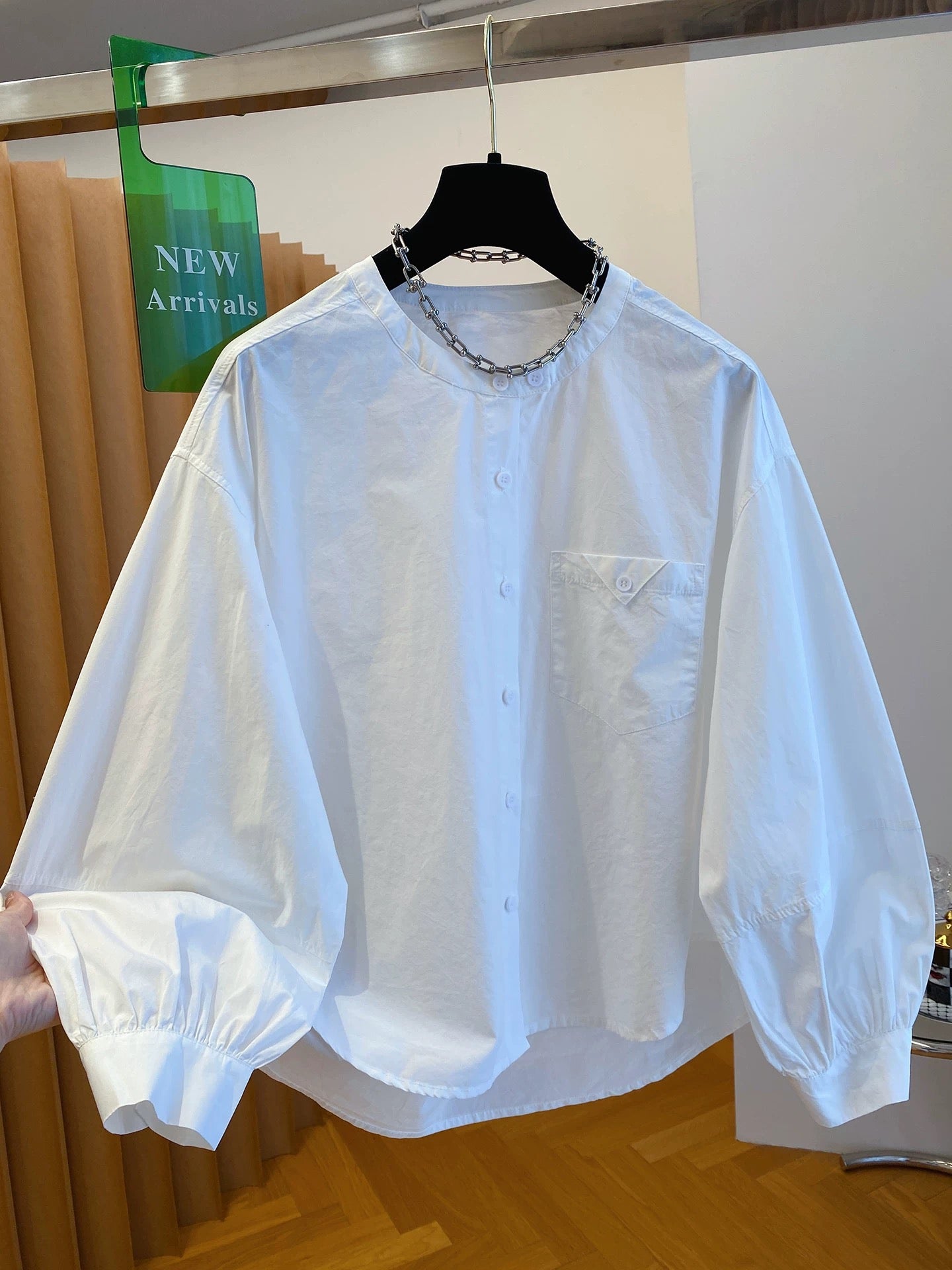 White round neck shirt women's long sleeves 2025 new autumn loose casual temperament beautiful lantern sleeves pure cotton top