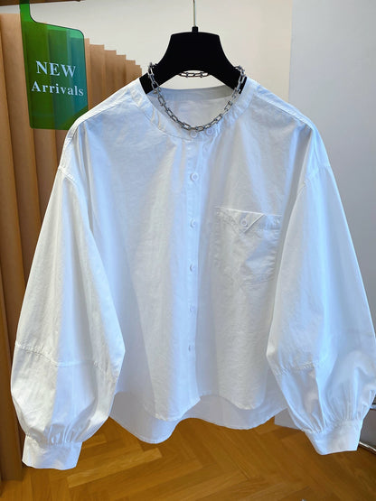 White round neck shirt women's long sleeves 2025 new autumn loose casual temperament beautiful lantern sleeves pure cotton top