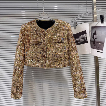 Popular online style, 2026 Spring New Arrival, Light Luxury Elegant Gold Sequin Tweed Short Jacket + Shorts Set for Women