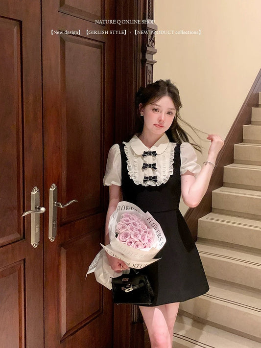Yang Xiaojuan MIU Rich Family Doll Collar Fake Two-piece Dress Women's French Hepburn Style Little Black Dress Short Skirt