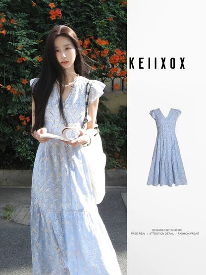 French blue platycodon flying sleeve dress for women summer temperament niche waist medium long style small fresh fairy dress