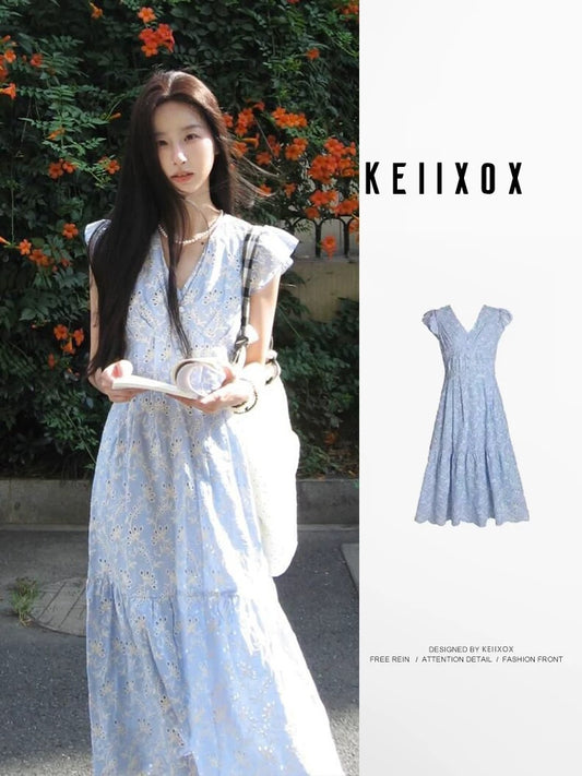 French blue platycodon flying sleeve dress for women summer temperament niche waist medium long style small fresh fairy dress