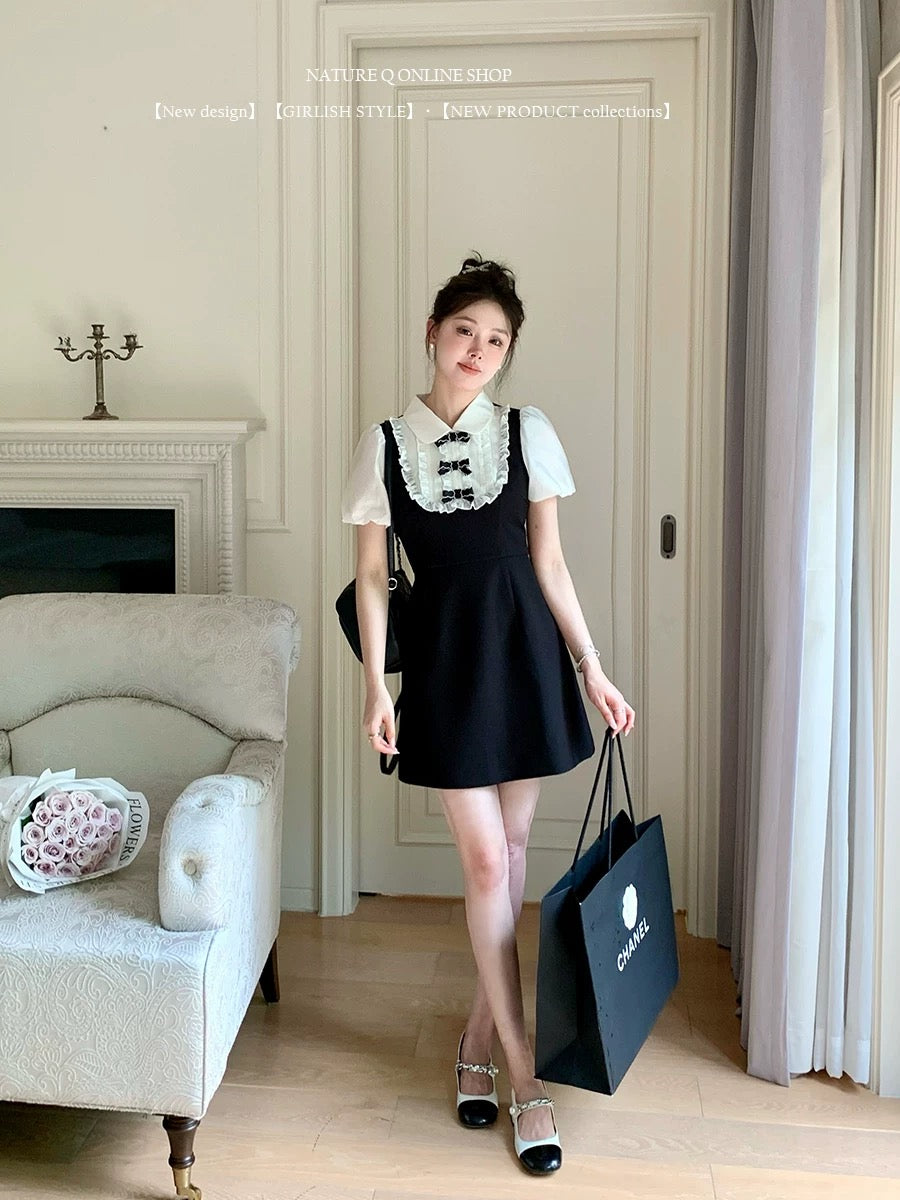 Yang Xiaojuan MIU Rich Family Doll Collar Fake Two-piece Dress Women's French Hepburn Style Little Black Dress Short Skirt