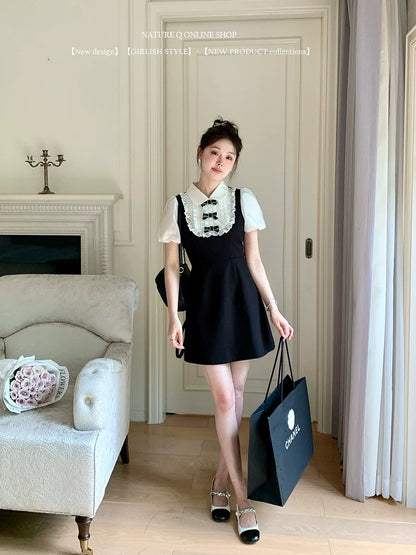 Yang Xiaojuan MIU Rich Family Doll Collar Fake Two-piece Dress Women's French Hepburn Style Little Black Dress Short Skirt