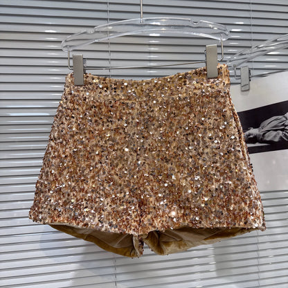 Popular online style, 2026 Spring New Arrival, Light Luxury Elegant Gold Sequin Tweed Short Jacket + Shorts Set for Women