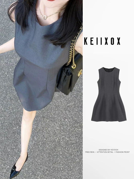 French high-end round-neck gray sleeveless vest dress for women in summer with small waist and slim temperament short skirt