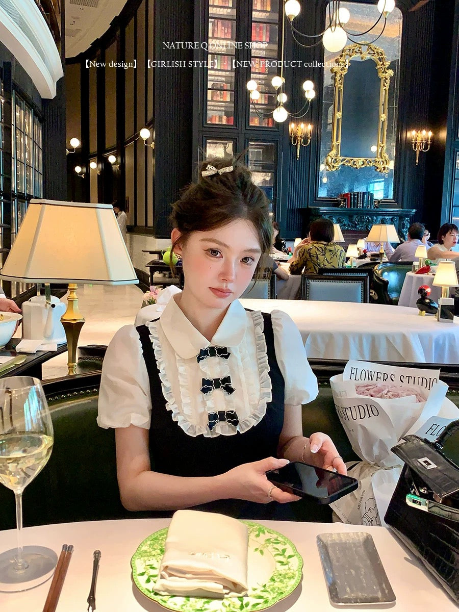 Yang Xiaojuan MIU Rich Family Doll Collar Fake Two-piece Dress Women's French Hepburn Style Little Black Dress Short Skirt