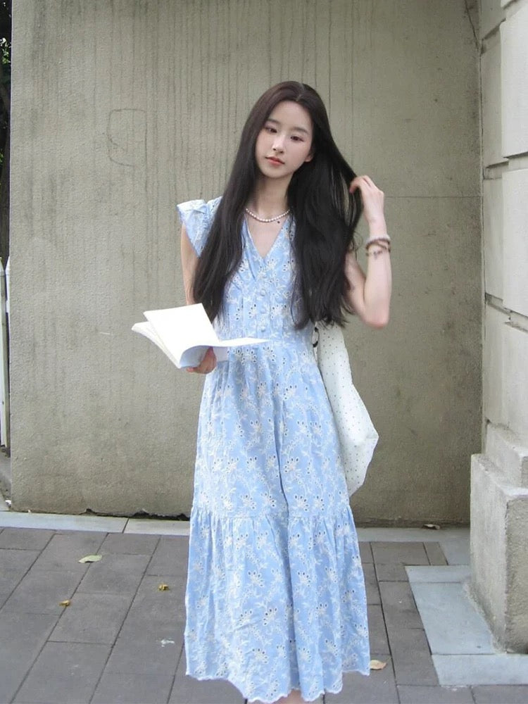 French blue platycodon flying sleeve dress for women summer temperament niche waist medium long style small fresh fairy dress