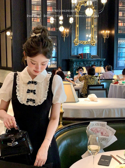 Yang Xiaojuan MIU Rich Family Doll Collar Fake Two-piece Dress Women's French Hepburn Style Little Black Dress Short Skirt