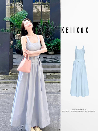 Sleeveless blue vest for women in summer French style high-end fashion age-reducing cold style salty outfit dress two-piece suit