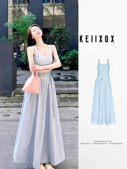 Sleeveless blue vest for women in summer French style high-end fashion age-reducing cold style salty outfit dress two-piece suit