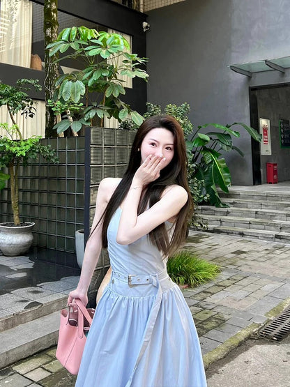 Sleeveless blue vest for women in summer French style high-end fashion age-reducing cold style salty outfit dress two-piece suit