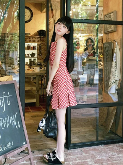 Small temperament red plaid sleeveless dress for women summer waist slimming seaside vacation vest short skirt