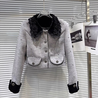 Popular online style 2025 winter new French elegant small collar beaded quilted jacket + velvet shorts set