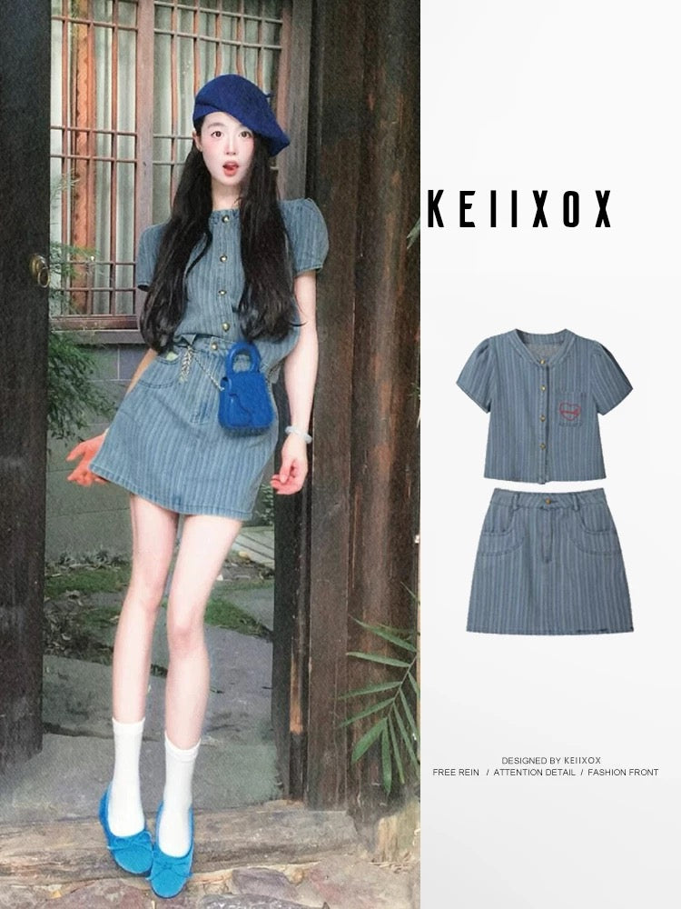 Summer outfit with a whole set of fashionable cold style salty outfit suit striped embroidered denim skirt two-piece suit