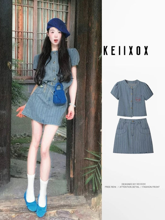 Summer outfit with a whole set of fashionable cold style salty outfit suit striped embroidered denim skirt two-piece suit