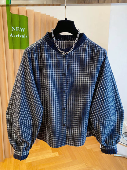 Korean style plaid shirt women's long sleeve 2025 new autumn loose sweet age-reducing wooden ear round neck top