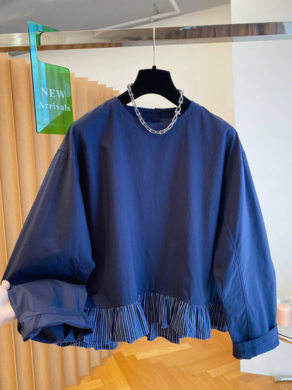 High-intelligence loose striped shirt women's autumn 2025 new autumn super good-looking blue pullover round neck shirt top