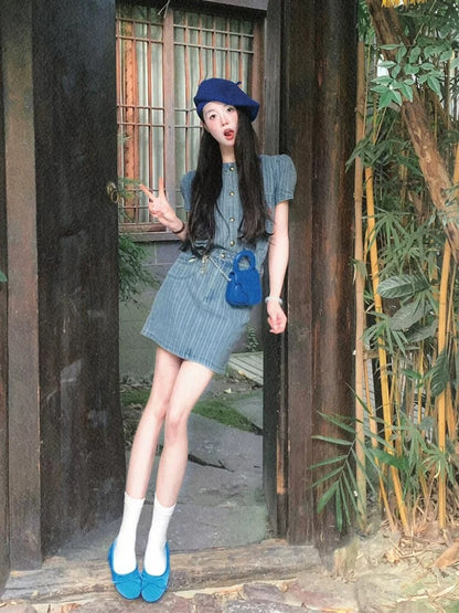 Summer outfit with a whole set of fashionable cold style salty outfit suit striped embroidered denim skirt two-piece suit