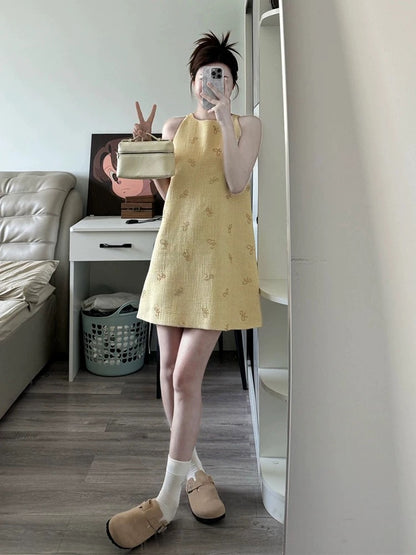 French heavy bow sleeveless vest halter dress for women, beautiful summer outfit, petite temperament short skirt