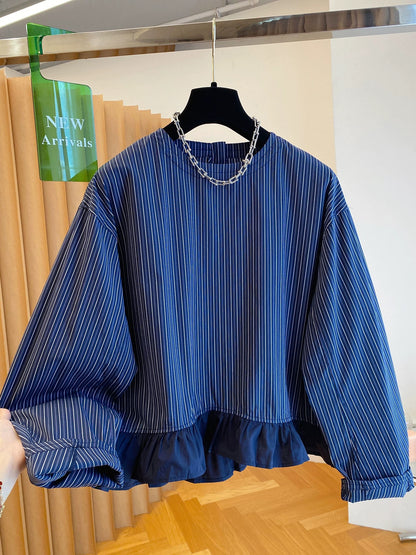 High-intelligence loose striped shirt women's autumn 2025 new autumn super good-looking blue pullover round neck shirt top