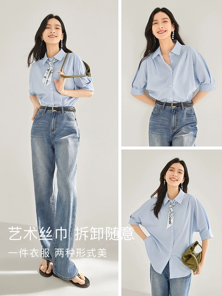 Vincent Van Gogh joint dialogue French mid-sleeve shirt women's summer 2024 new silk scarf pleated white top