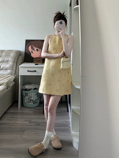French heavy bow sleeveless vest halter dress for women, beautiful summer outfit, petite temperament short skirt