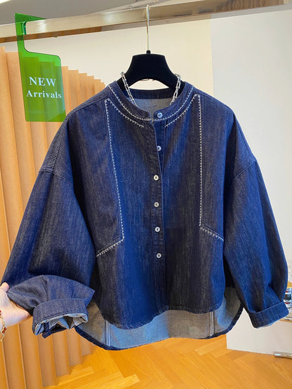 High-end round-neck denim shirt jacket for women autumn 2025 new loose casual super good-looking thin jacket top