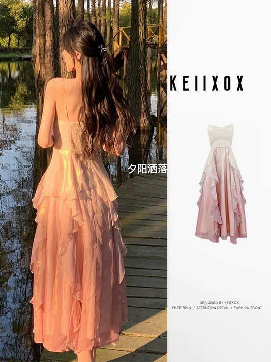 2025 summer new French holiday suspender dress small high-end gradient ruffle temperament long skirt