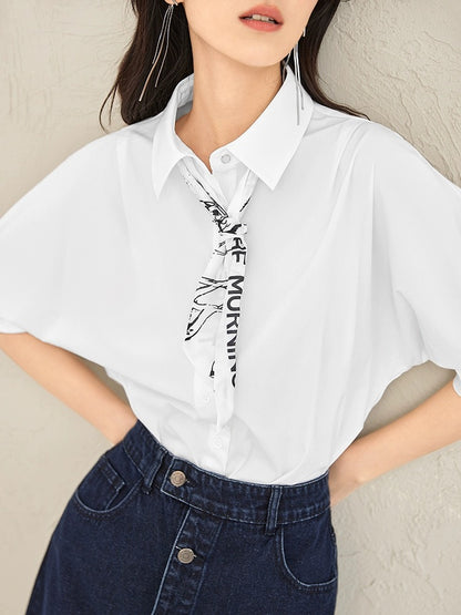 Vincent Van Gogh joint dialogue French mid-sleeve shirt women's summer 2024 new silk scarf pleated white top