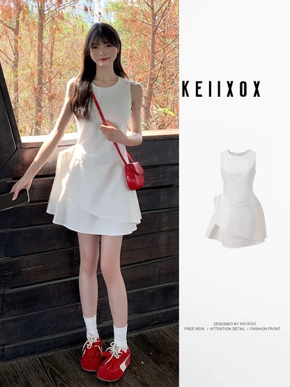 French sleeveless white vest dress for women in summer with small waist and temperament irregular sweet princess short skirt