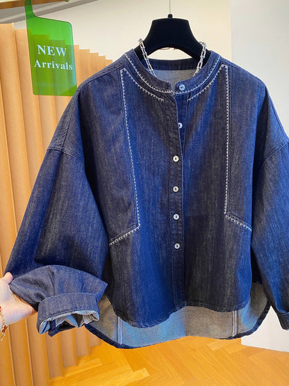 High-end round-neck denim shirt jacket for women autumn 2025 new loose casual super good-looking thin jacket top