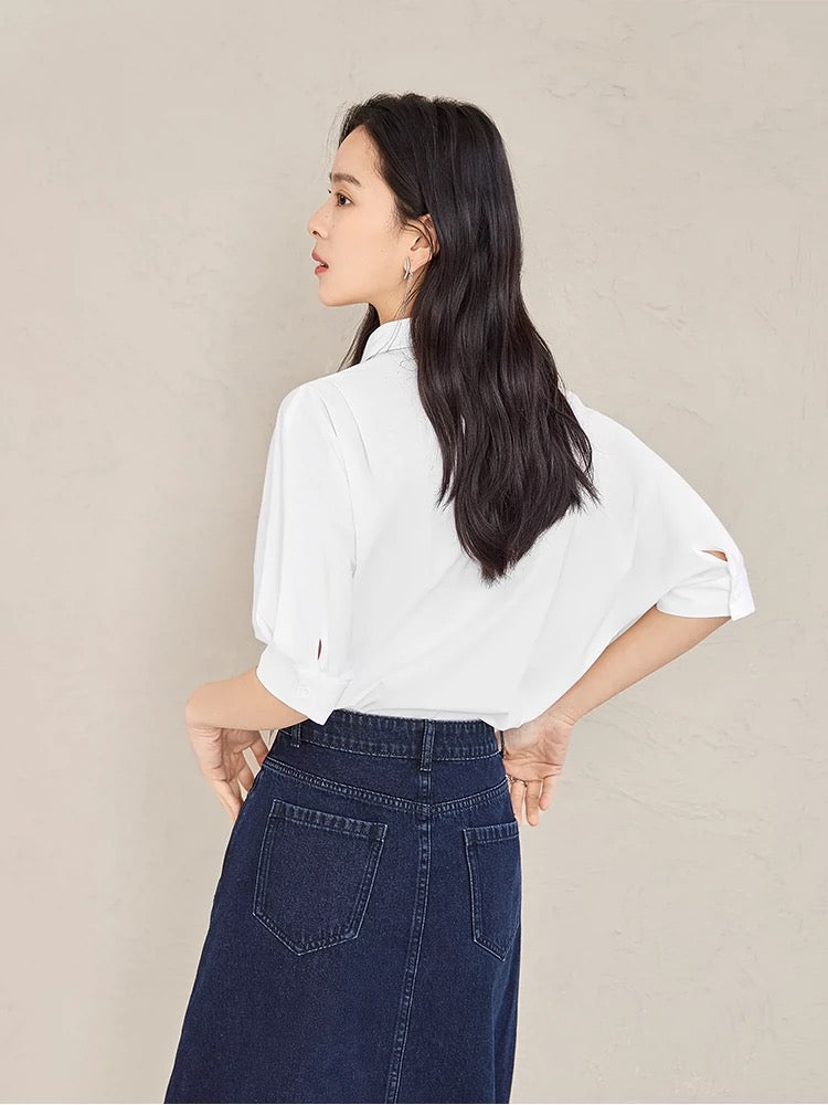 Vincent Van Gogh joint dialogue French mid-sleeve shirt women's summer 2024 new silk scarf pleated white top